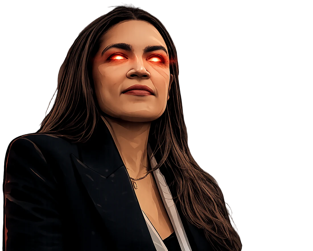 Illustrated parody portrait with glowing red laser eyes